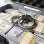 Briefcase with handcuffs and stacks of US dollars