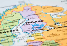 Close-up of a map highlighting Finland.