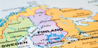 Close-up of a map highlighting Finland.