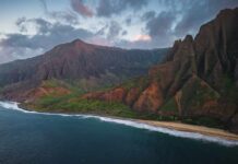 Aerial view of a rugged coastline with mountains and ocean waves