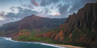 Aerial view of a rugged coastline with mountains and ocean waves