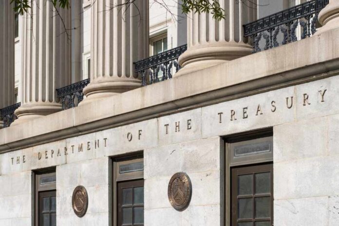 Facade of the Department of the Treasury with columns and engraved text