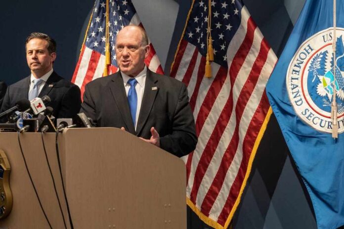 Government officials speaking at a press conference with U.S. flags in the background