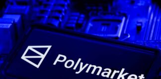 Polymarket logo displayed on a blue circuit board background