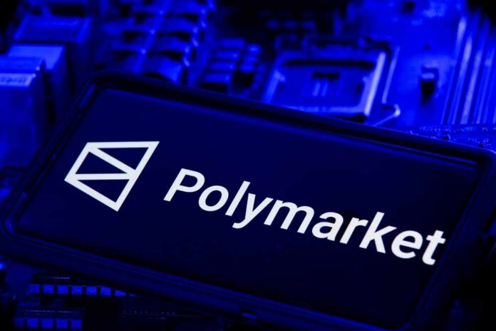 shutterstock_2668547327.jpg Polymarket logo displayed on a blue circuit board background