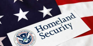 Homeland Security sign on American flag background