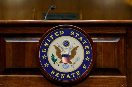 United States Senate emblem on wooden podium