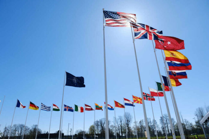 Many national flags flying in clear blue sky