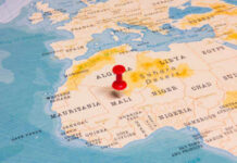Map of Africa with a red pushpin marking Mali