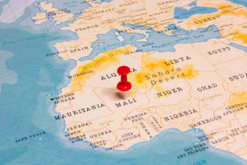 Map of Africa with a red pushpin marking Mali