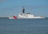 A U.S. Coast Guard patrol vessel sailing on calm waters