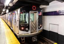 Subway train at a metro station platform