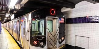Subway train at a metro station platform