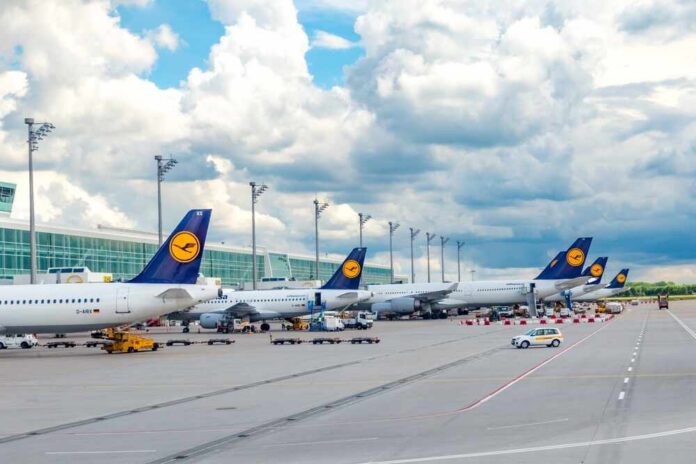 Several Lufthansa airplanes parked at an airport under a cloudy sky