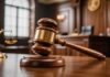 A wooden gavel resting on a courtroom table with a scale of justice in the background