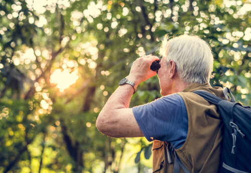 shutterstock_1095443999.jpg Senior man using binoculars to observe nature during sunset