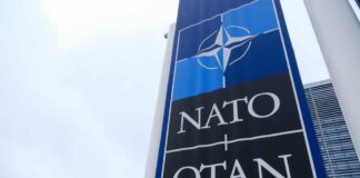 NATO sign with flags in the background