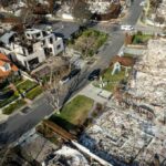 Aerial view of town destroyed by wildfire
