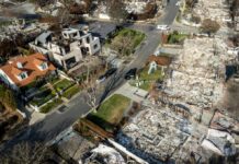 Aerial view of town destroyed by wildfire