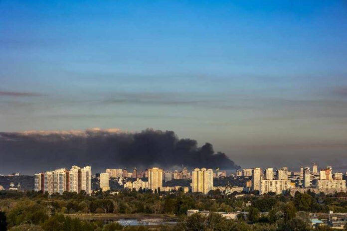 Kyiv,,Ukraine,-,Sep,07,,2025:,Smoke,Rises,Over,The A view of destroyed buildings with smoke rising in the background