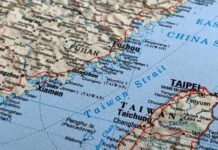 Map showing Taiwan and parts of China, including cities and geographical features