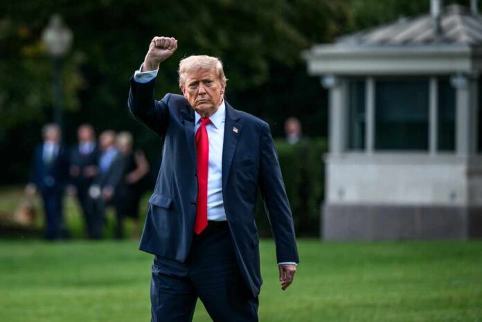 Washington,,D.c.,Usa,,September,11,,2025,,,President,Donald,Trump A political figure raising a fist while walking outdoors