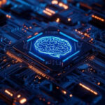 Circuit board with glowing brain chip design