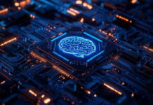 Circuit board with glowing brain chip design