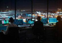 Runway Near Misses Force AI Takeover Air traffic controllers working at night airport tower