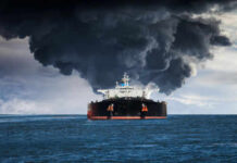 Large ship emitting thick black smoke at sea