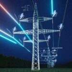 High-voltage transmission tower at night with glowing data overlays