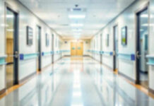 Blurred hospital corridor with doors and lights