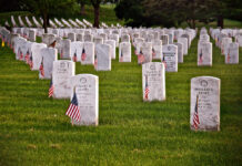 Rows of white headstones with American flags in a military cemetery