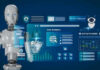 Robot interacting with futuristic data analytics interface