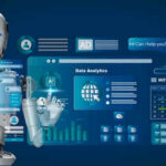 Robot interacting with futuristic data analytics interface