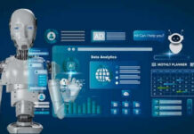 Robot interacting with futuristic data analytics interface