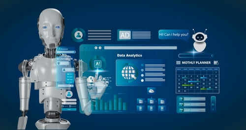 Robot interacting with futuristic data analytics interface