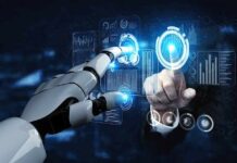 Robot hand and human hand touching digital interface