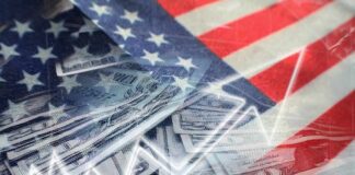 US flag overlaid on dollar bills with a rising line graph