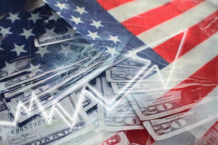 US flag overlaid on dollar bills with a rising line graph