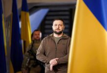 man in olive jacket standing between large blue and yellow flags