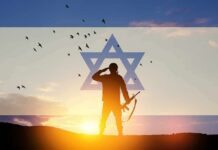 Survivor Torches NYC Mayor’s Genocide Claim silhouetted soldier saluting at sunset with star symbol overlay
