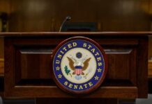 Podium with the United States Senate seal