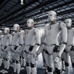 Robots Gut Unions — Prices Climb Next Rows of humanoid robots standing in a warehouse