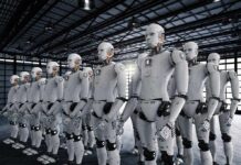 Robots Gut Unions — Prices Climb Next Rows of humanoid robots standing in a warehouse
