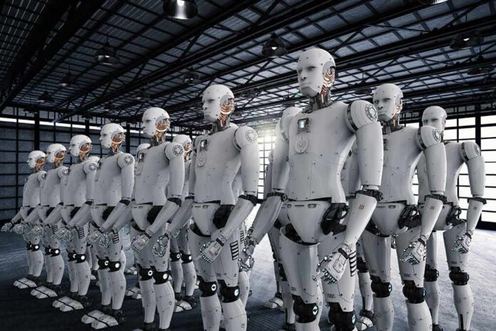 shutterstock_701551069 Rows of humanoid robots standing in a warehouse
