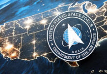 United States Space Force emblem over a lit map of the United States