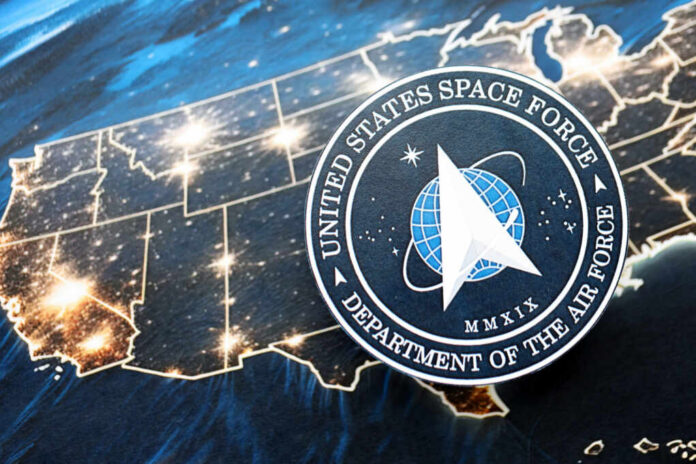 united-states-space-force-logo2486654091jpg United States Space Force emblem over a lit map of the United States