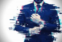 Businessman adjusting tie with digital glitch effect