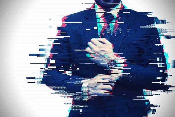 Businessman adjusting tie with digital glitch effect